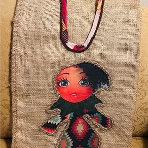 Handcrafted Burlap plastic bag holder with Colorful  Peach Doll Design